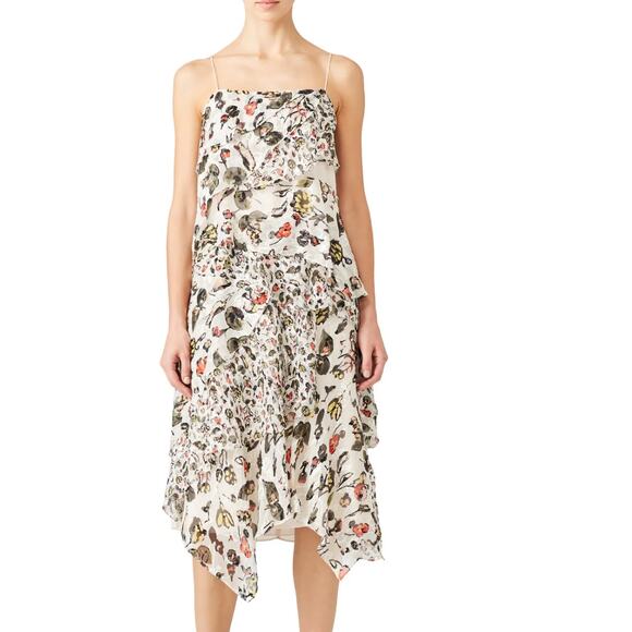 Jason Wu Dress Womens 4 Grey Painterly Cream Floral Printed Midi Tiered Silk - Picture 1 of 16